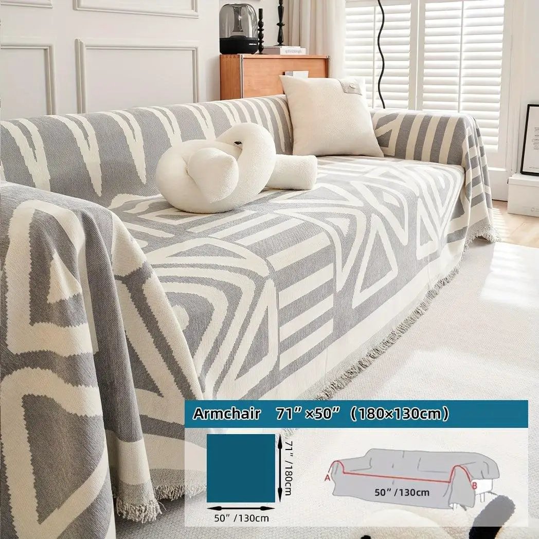Bohemian-Style Chenille Couch Cover for sofa, extra-long, gray and ivory geometric pattern, anti-dog-scratch