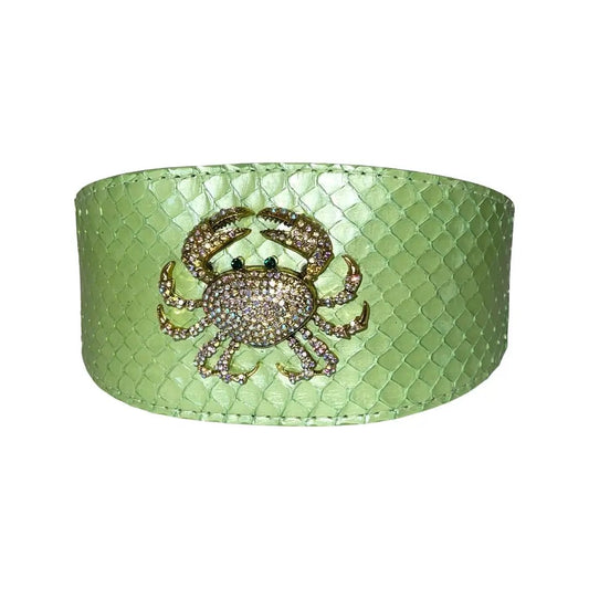Sea Anemone Pearl Green Snake Wide Style Collar with rhinestone crab accessory