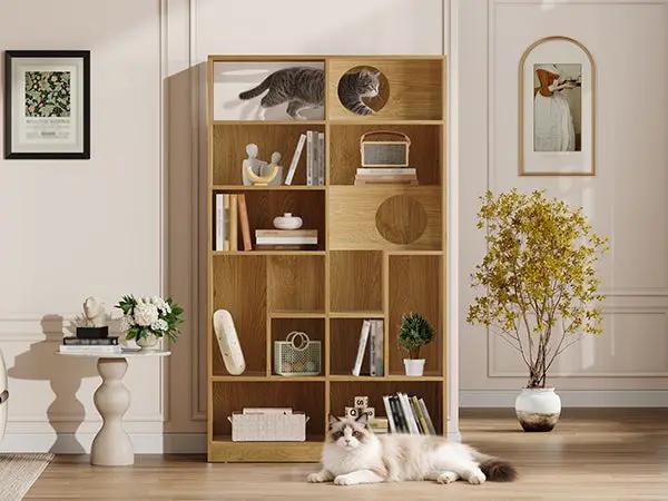 Modern 2-in-1 wooden cat house bookshelf and cat tree display cabinet in natural beech by Sangria Beech
