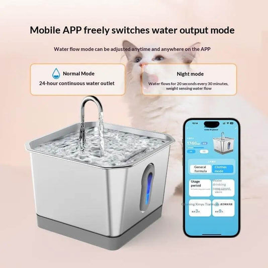 Wireless cat and dog water fountain in silver with blue LED window