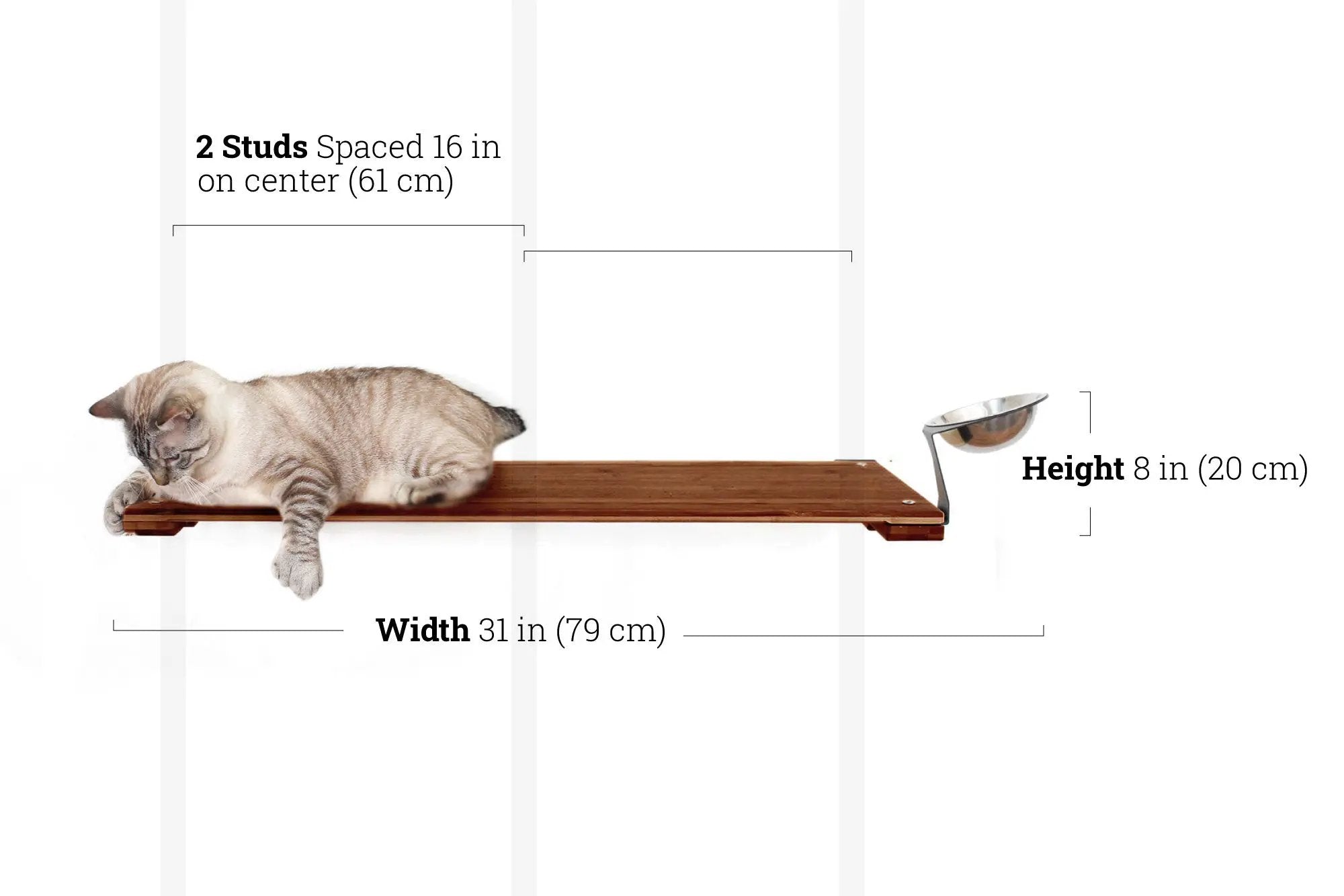 Wall Mounted Cat Feeding Shelf with a wooden platform and metal bowl; cat lounging on it.