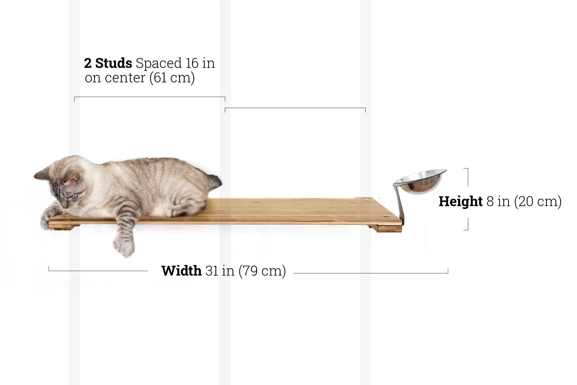 Wall Mounted Cat Feeding Shelf with natural wood plank and metal bowl; cat resting on shelf.