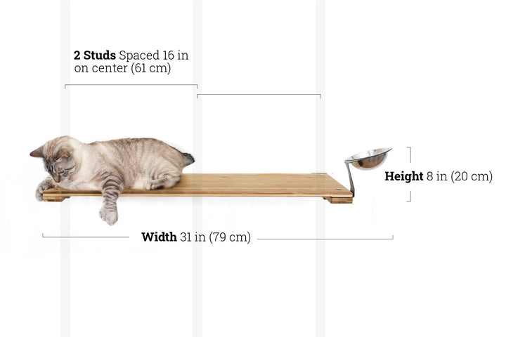 Wall Mounted Cat Feeding Shelf with natural wood plank and metal bowl; cat resting on shelf.