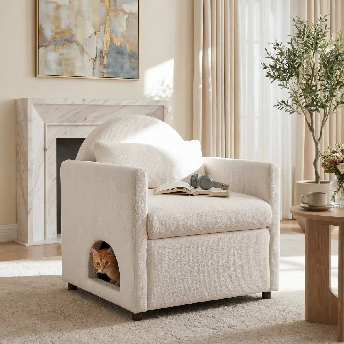 Beige pet-friendly fabric accent chair with hidden pet nook by Home Furnishers