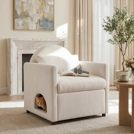 Beige pet-friendly fabric accent chair with hidden pet nook by Home Furnishers