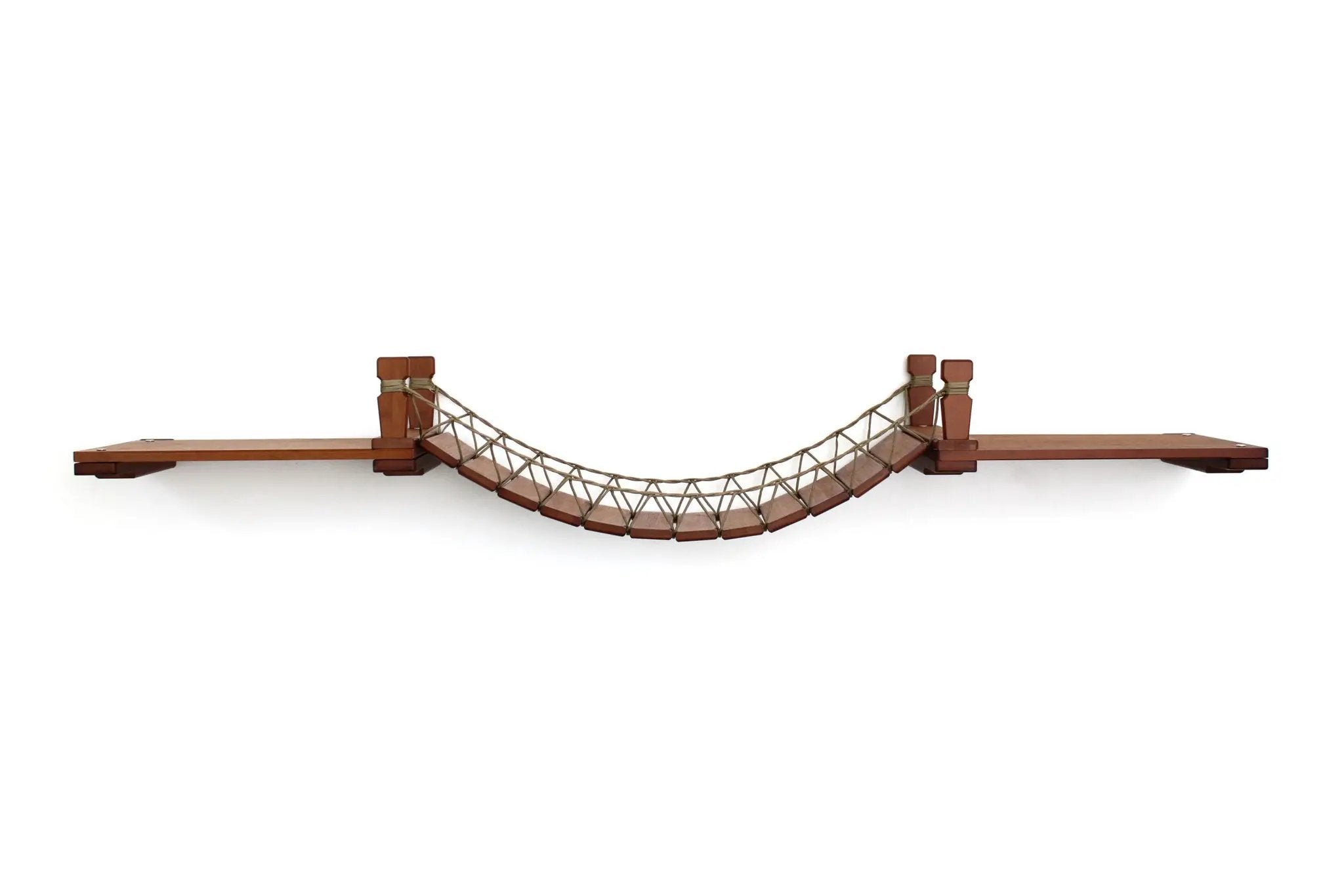 Cat Wall Bridge and Shelf Set by Catastrophic Creations; brown wooden shelves linked by a rope bridge