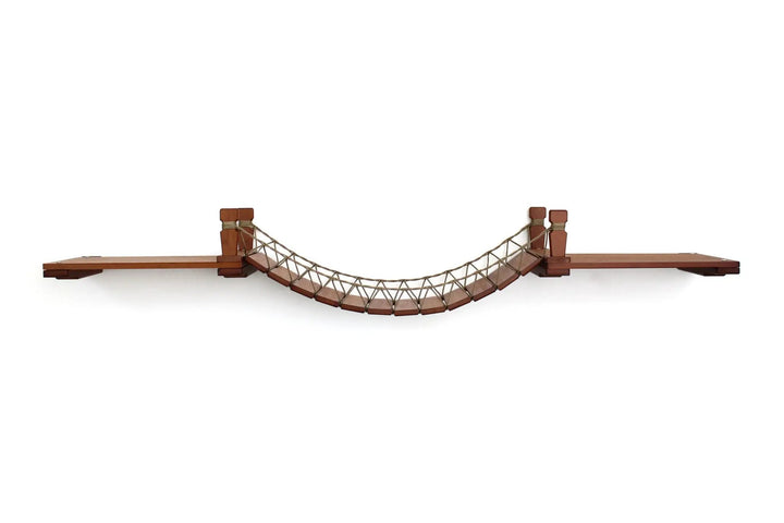 Cat Wall Bridge and Shelf Set by Catastrophic Creations; brown wooden shelves linked by a rope bridge