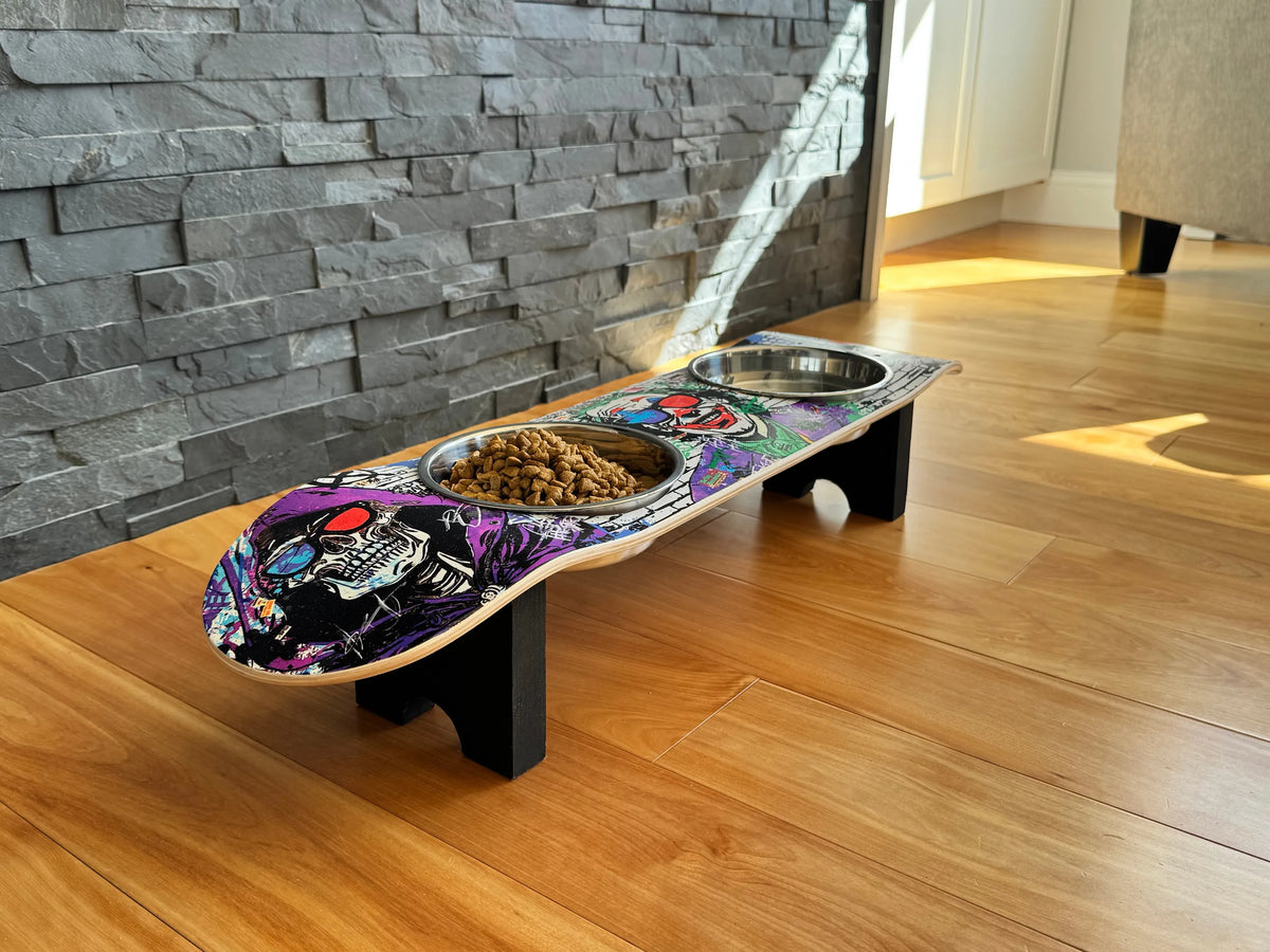 Villains in 3D Skateboard Elevated Dog Bowl Stand with 2 Stainless Steel Bowls