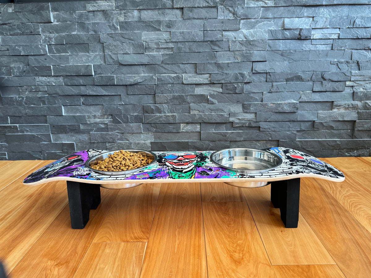 Villains in 3D Skateboard Elevated Dog Bowl Stand with 2 Stainless Steel Bowls