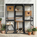 Load image into Gallery viewer, Outdoor cat enclosure/catio with black-brown wood frame and wire mesh; multiple levels with platforms, cat inside.
