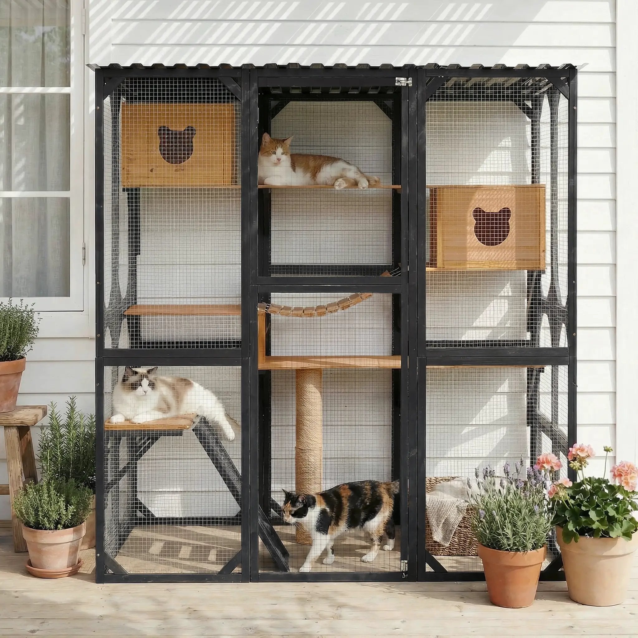 Outdoor cat enclosure/catio with black-brown wood frame and wire mesh; multiple levels with platforms, cat inside.