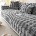 Load image into Gallery viewer, topspet grey plush sofa slipcover with matching cushions on a modern couch; soft fur-like texture
