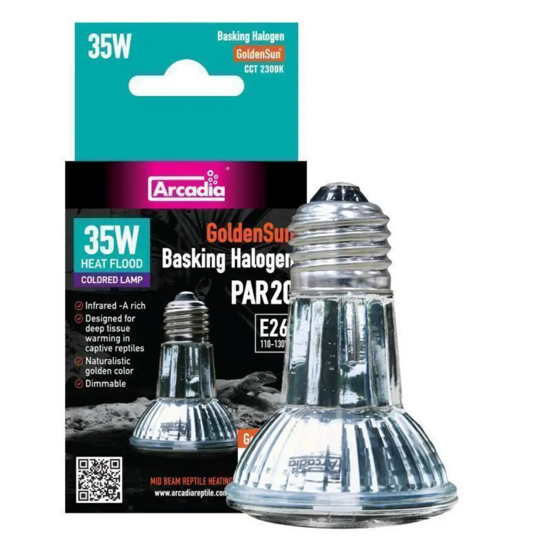 Arcadia GoldenSun 35W Basking Halogen Heater for reptile habitat, PAR20 lamp, two bulbs shown
