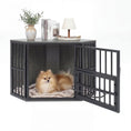 Carica l'immagine nel visualizzatore della galleria, Wooden dog crate end table with adjustable bowl rack in dark stained wood; DirectDeals.
