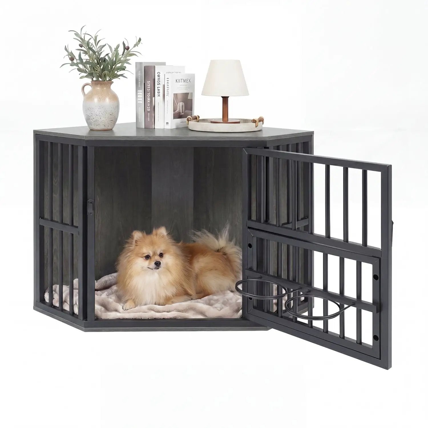 Wooden dog crate end table with adjustable bowl rack in dark stained wood; DirectDeals.