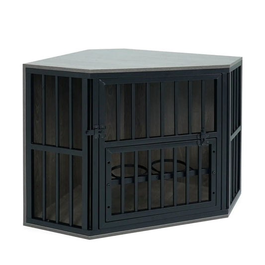 Wooden dog crate end table by DirectDeals with adjustable bowl rack, dark frame and light wood top, 35.5in