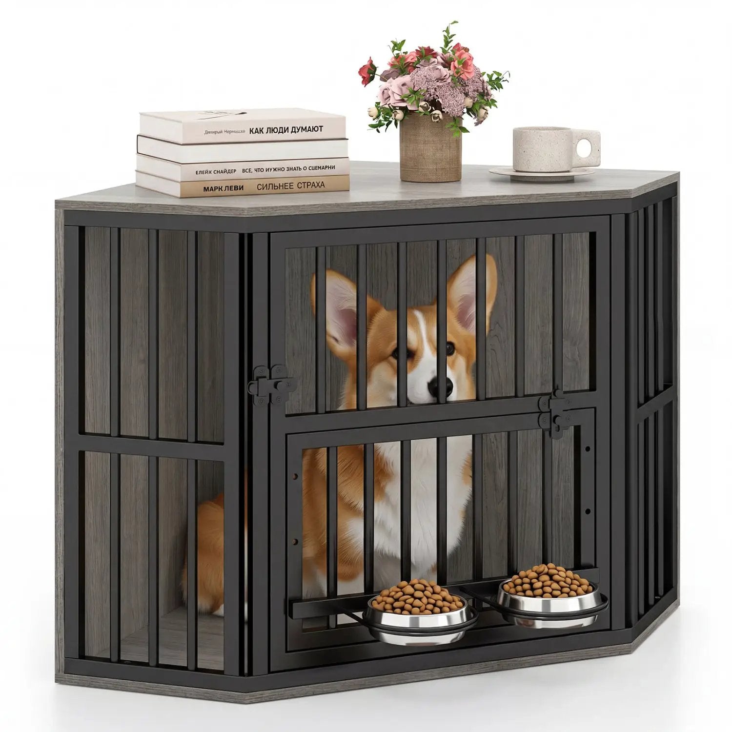 Wooden dog crate end table with adjustable bowl rack; black frame, gray wood top; two stainless bowls with kibble