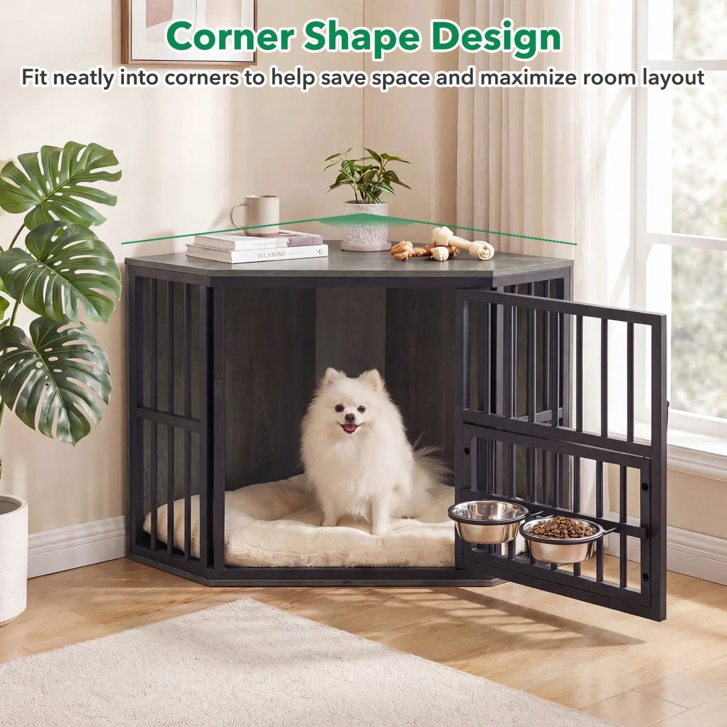 Wooden dog crate end table by DirectDeals with adjustable bowl rack, black finish