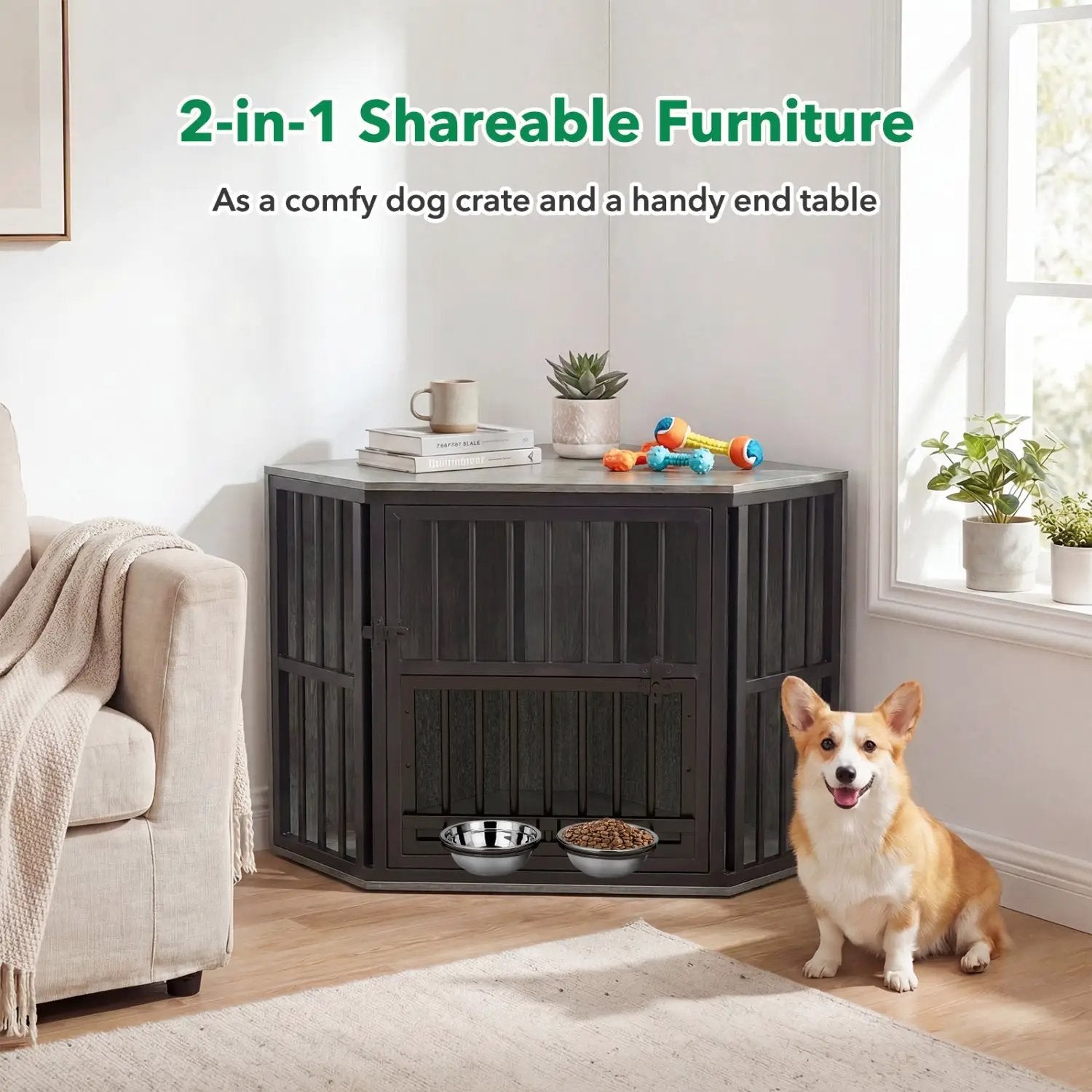 Wooden dog crate end table with adjustable bowl rack and two bowls, DirectDeals, black finish