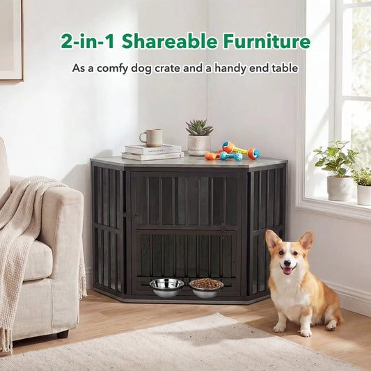 Wooden dog crate end table with adjustable bowl rack and two bowls, DirectDeals, black finish
