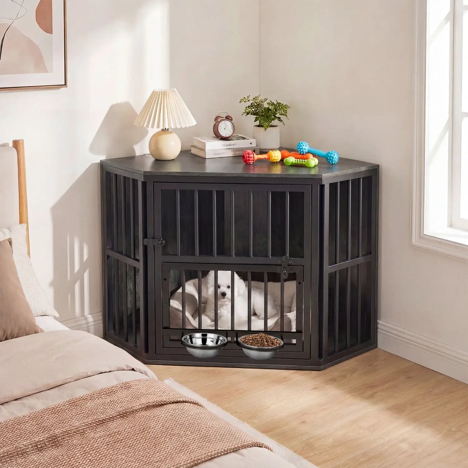 Black wooden dog crate end table with adjustable bowl rack and two bowls.