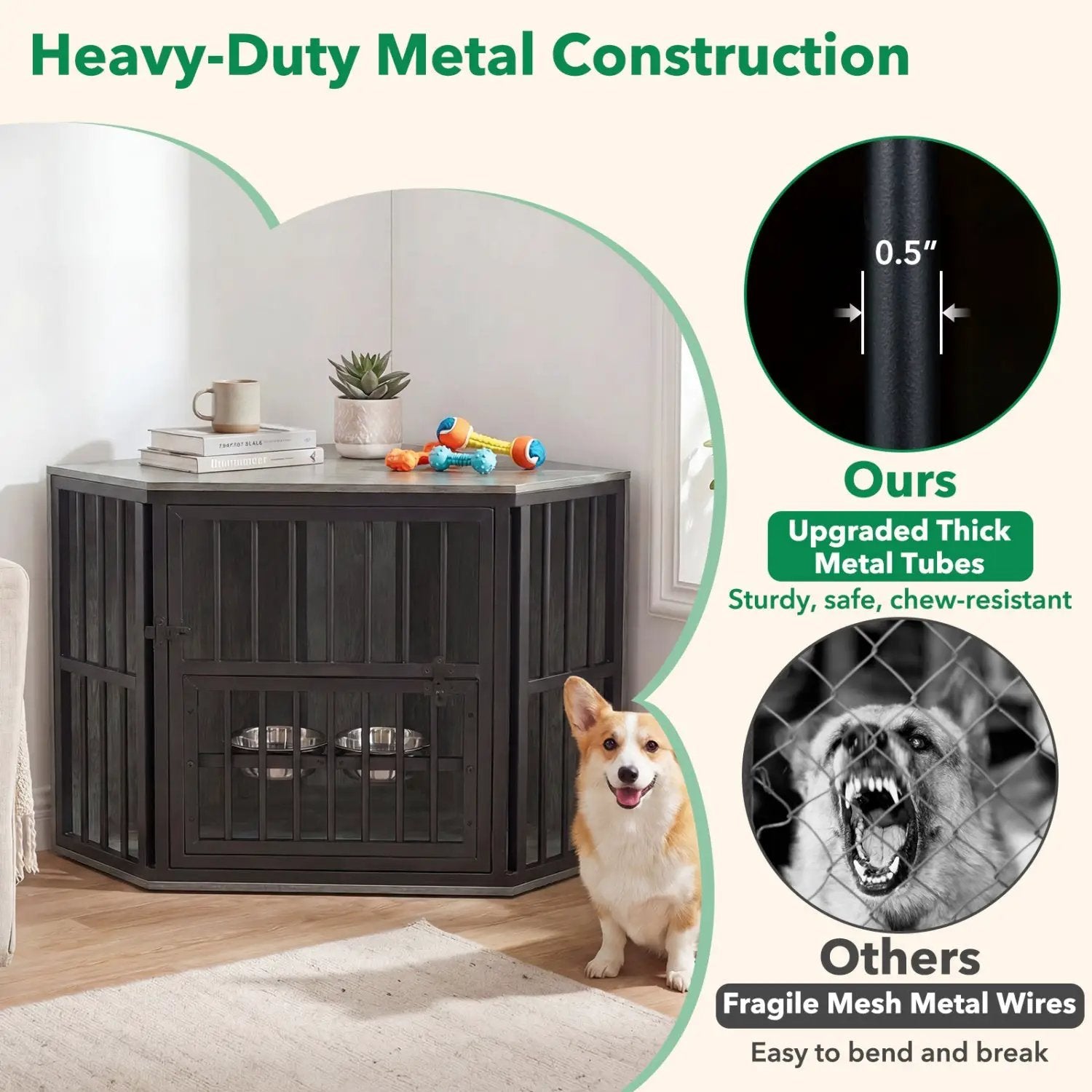 DirectDeals wooden dog crate end table with adjustable bowl rack, black finish, 35.5 inches