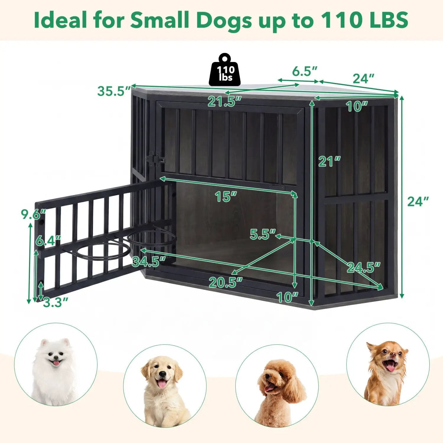 DirectDeals wooden dog crate end table with adjustable bowl rack in dark wood finish, holds two bowls
