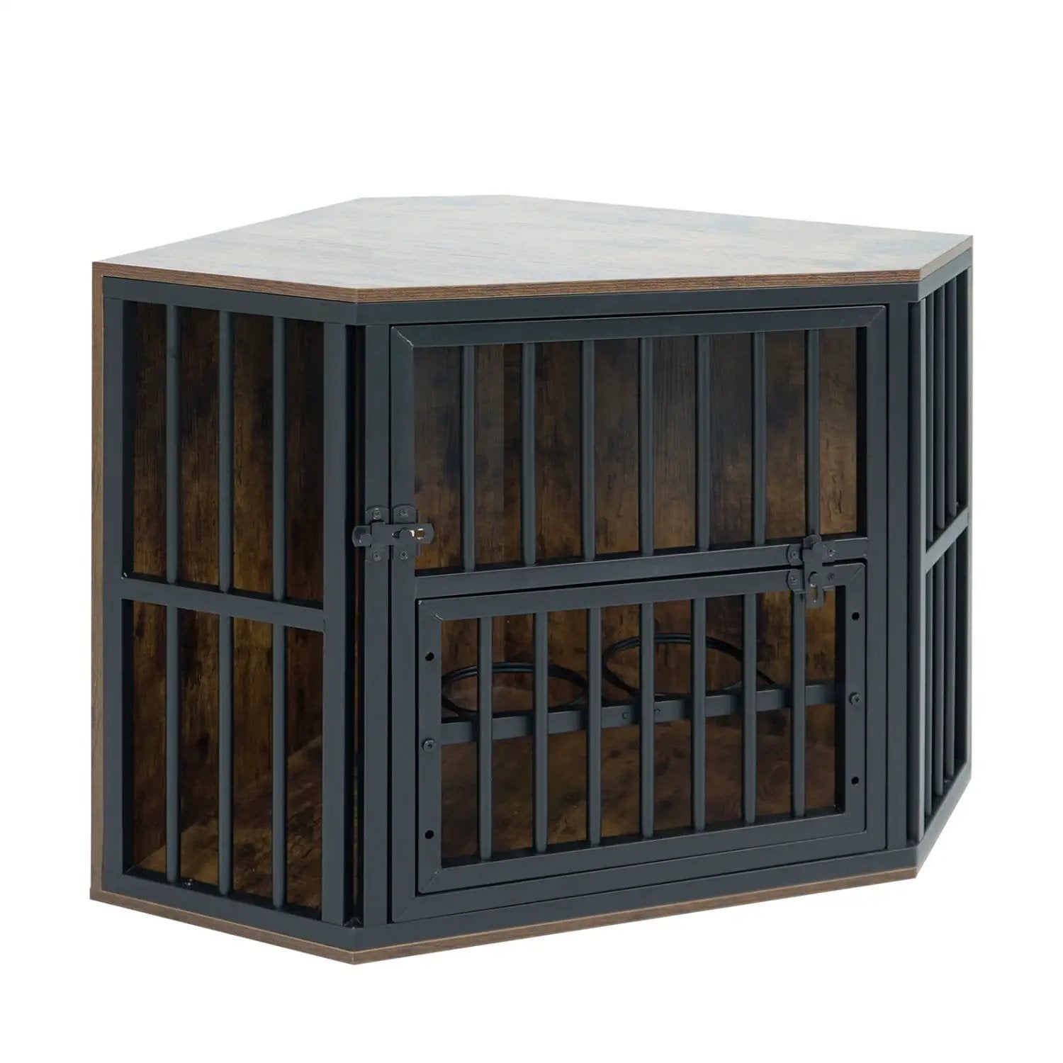 Wooden dog crate end table with adjustable bowl rack, 35.5in, DirectDeals, dark frame