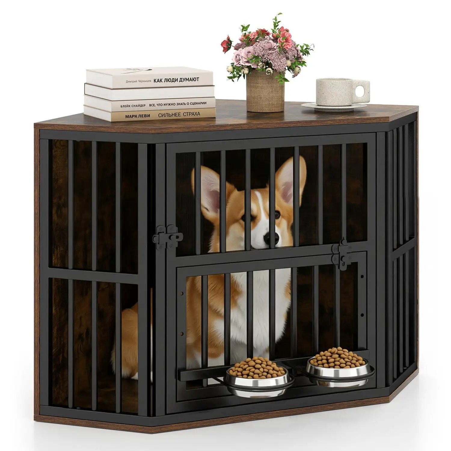 DirectDeals wooden dog crate end table with adjustable bowl rack; black metal bars, brown wood top, two bowls