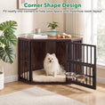 Carica l'immagine nel visualizzatore della galleria, Wooden dog crate end table with adjustable bowl rack, black frame, 35.5 in long, with plush bed inside
