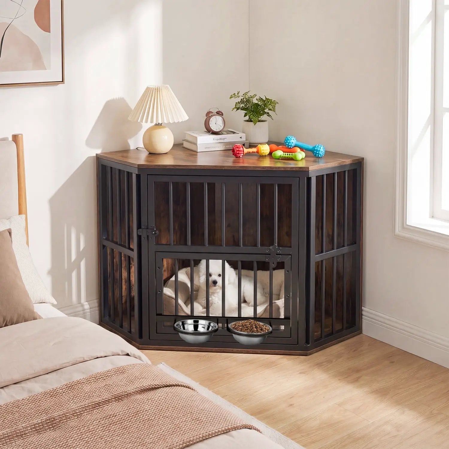 DirectDeals wooden dog crate end table with adjustable bowl rack, black frame and 2 bowls.