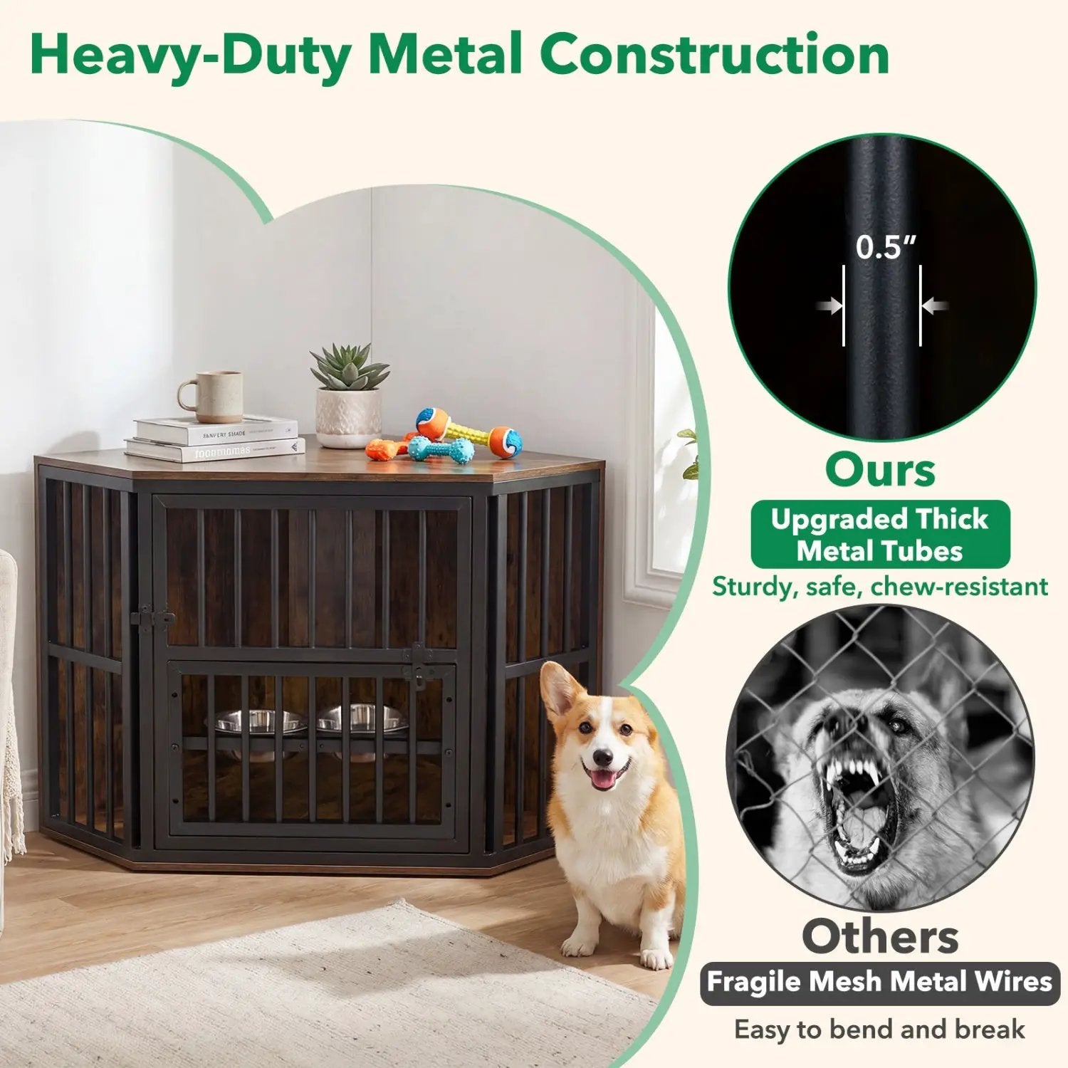 DirectDeals wooden dog crate end table with adjustable bowl rack, 35.5 inches, dark wood and metal frame