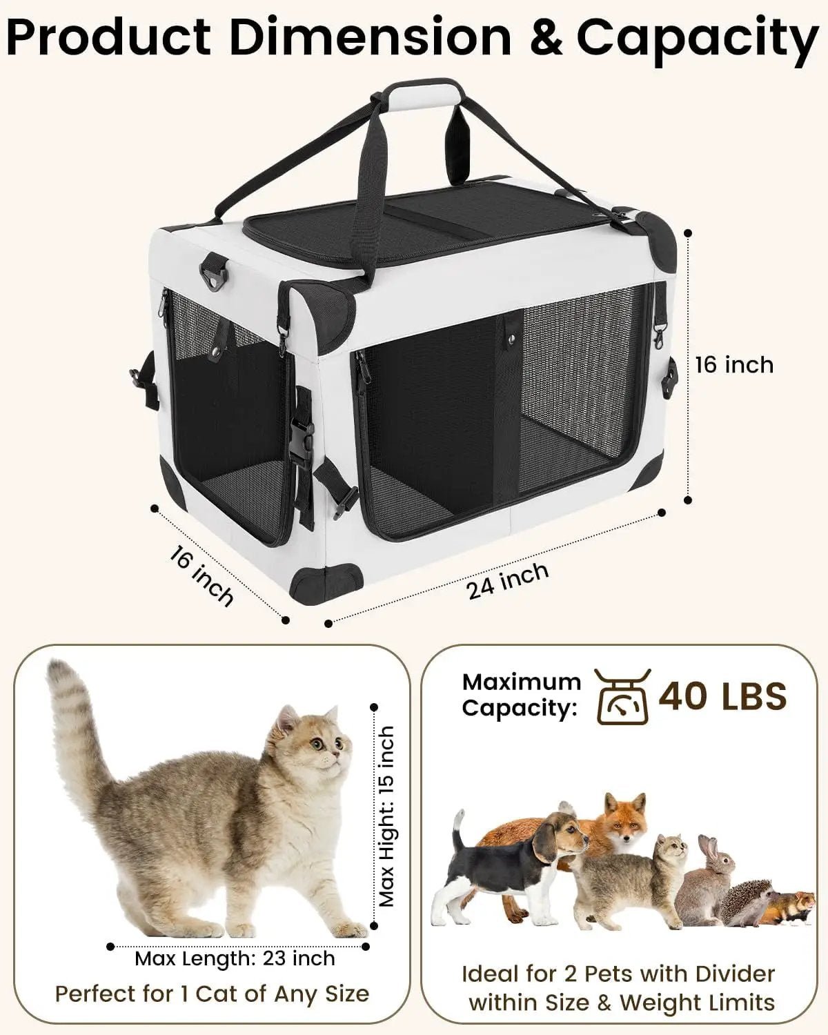 Large Cat Carrier for 2 Cats Soft Sided Travel Crate Up to 55lbs by Wags & Whiskers Pet Supply