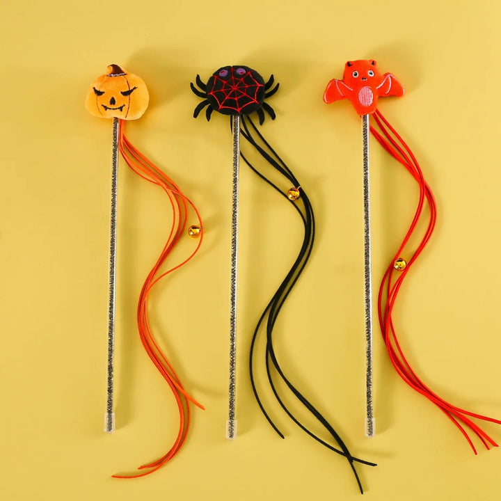 Halloween cat teaser sticks with plush pumpkin, spider, and bat toppers in orange/black (3-pack)