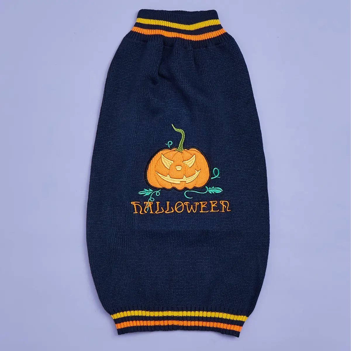 Halloween Pumpkin Dog Sweater by Pet Zen in navy knit with embroidered pumpkin