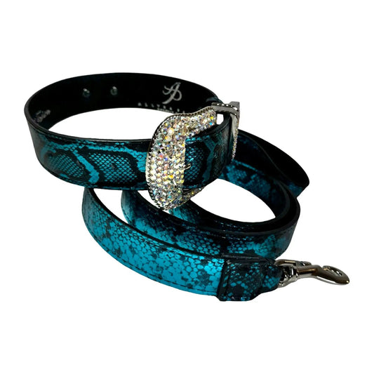 Serpente belt set, blue and black snakeskin with crystal buckle, Allysa Payne Beverly Hills.