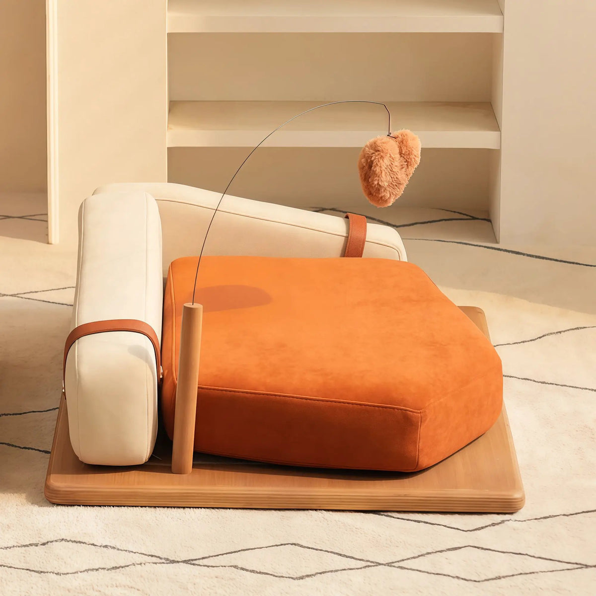Wooden Pet Bed for Cats & Dogs with orange cushion