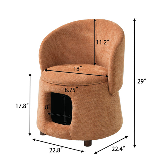 Chair: orange fabric with hidden pet nook, pet-friendly.