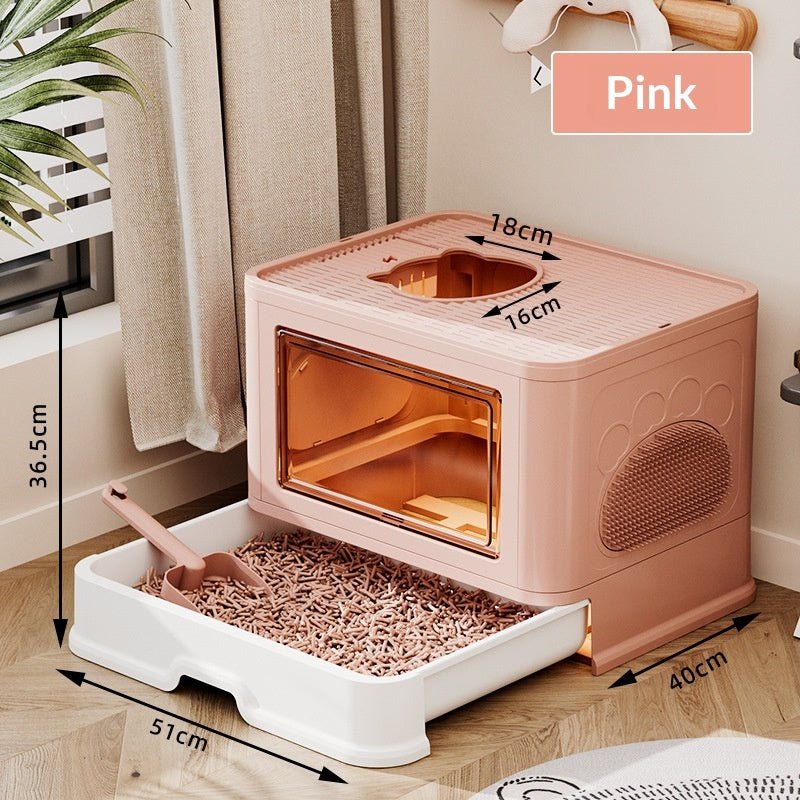 Pink drawer litter box with exterior and top-opening dimensions