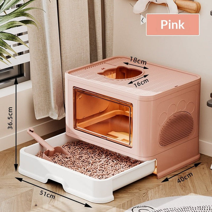 Pink drawer litter box with exterior and top-opening dimensions