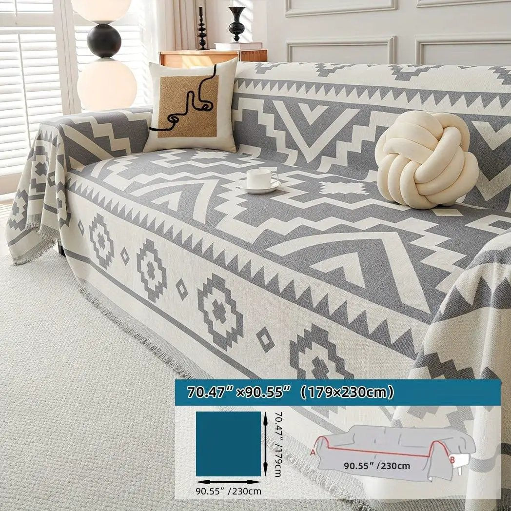 Boho-Chic All-Season Sofa Cover in light gray and white geometric pattern with fringe edges