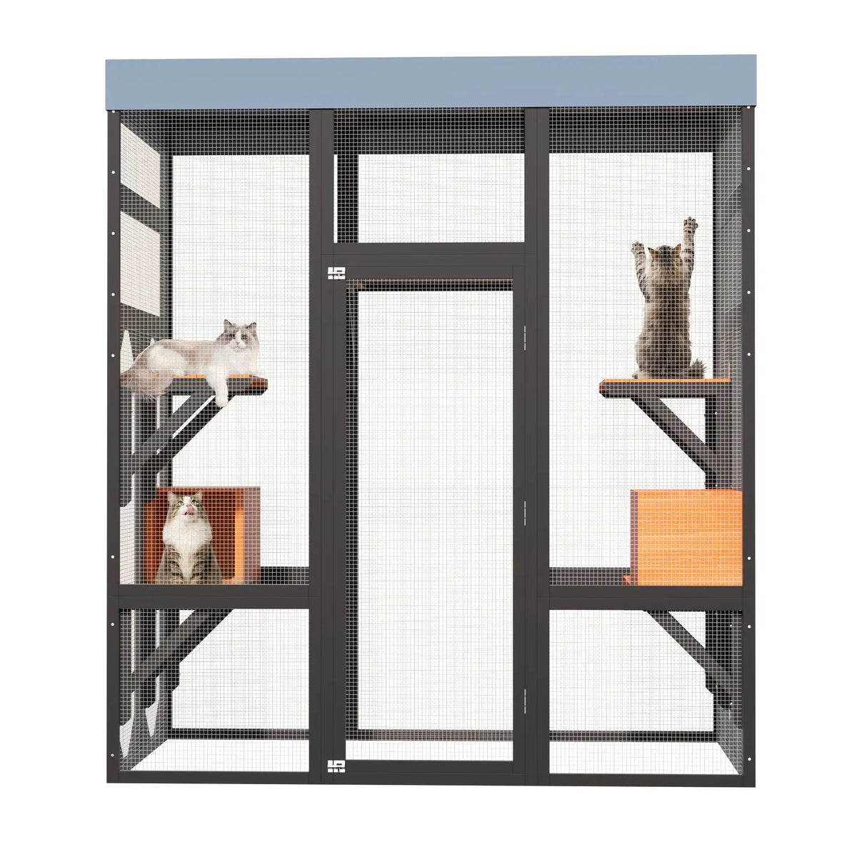 Premium Solid Wood Pet Enclosure, dark frame with wire mesh, multi-level habitat for 2 cats.