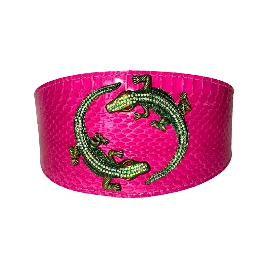 Fuchsia pink snake collar with two green rhinestone alligators