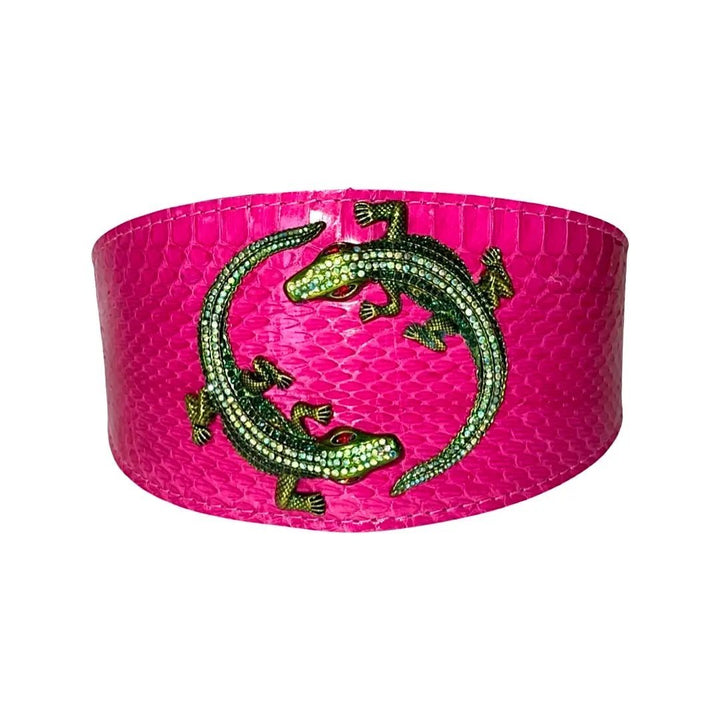 Fuchsia pink snake collar with two green rhinestone alligators
