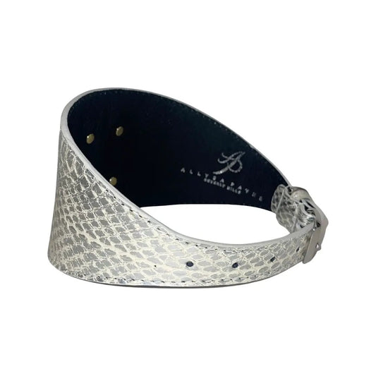 Silver snake-skin cuff bracelet with Swarovski crystal rivet by Allysa Payne Beverly Hills.