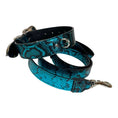 Load image into Gallery viewer, Blue and black Serpente belt set with snake-print pattern and silver hardware
