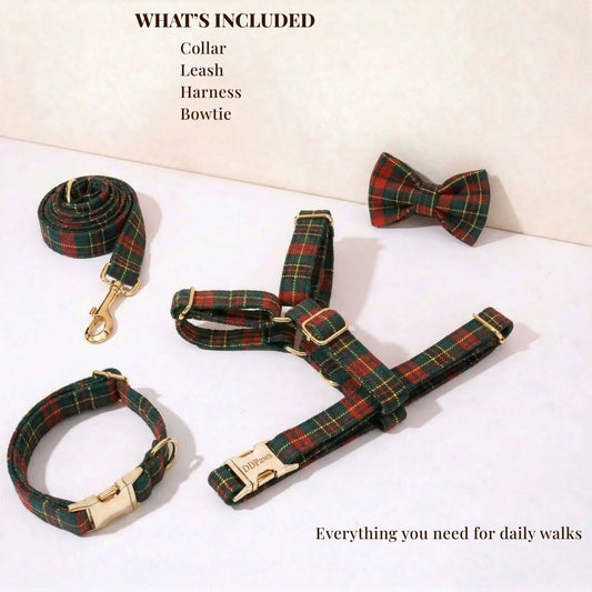 Red Tartan Christmas No Pull Dog Harness Set With Leash Personalized by DDPaws