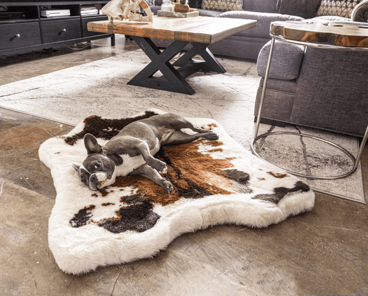 Paw.com PupRug Animal Print Memory Foam Dog Bed in brown faux cowhide.