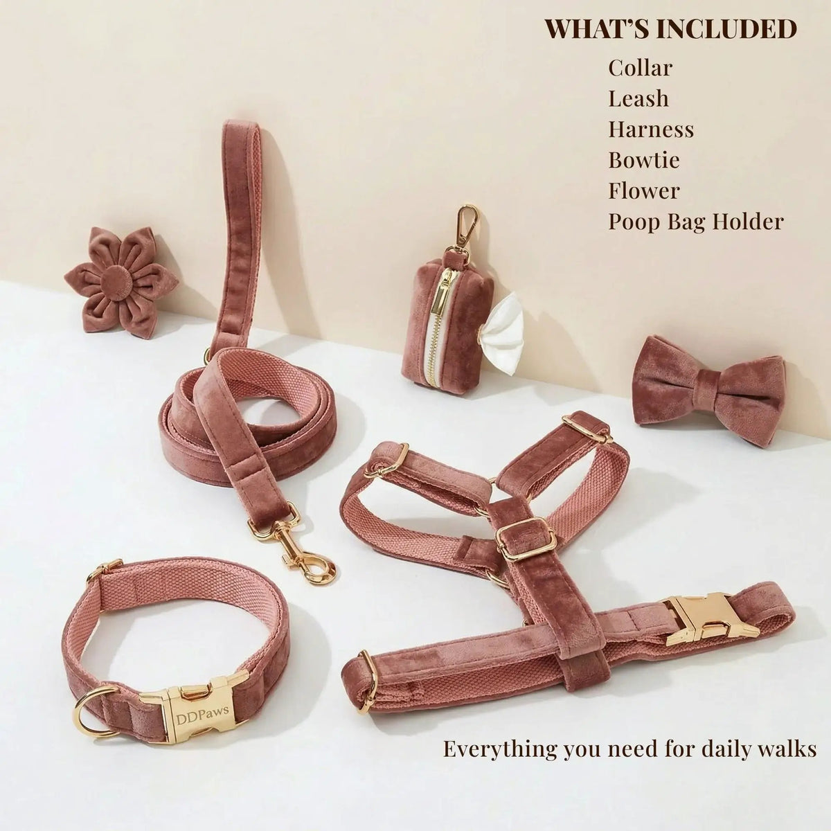 Dusty Pink Velvet Dog Harness And Leash Set Custom Engraved No Pull by DDPaws