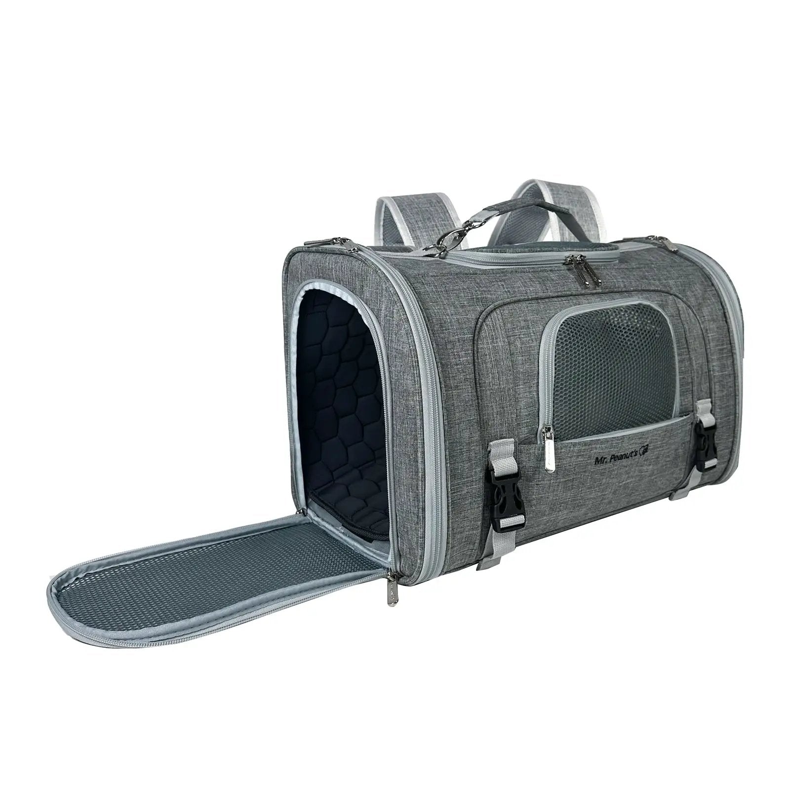 Mr. Peanut's Monterey Series airline-compliant horizontal backpack pet carrier in gray fabric with mesh panels.